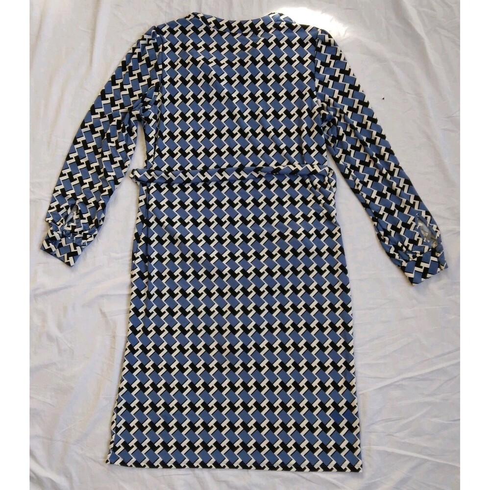 Anne Klein Long Sleeve Sheath Dress Belted Blue Black Geometric Retro Size S - Picture 9 of 16
